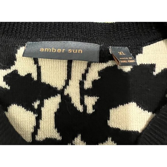 Amber Sun Black & Cream Floral Knit Beaded Cardigan Sweater Size XL - Picture 2 of 8